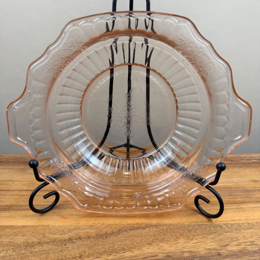 Anchor Hocking Mayfair Open Rose Pink Depression Glass Bowl Tab Handles 9.5